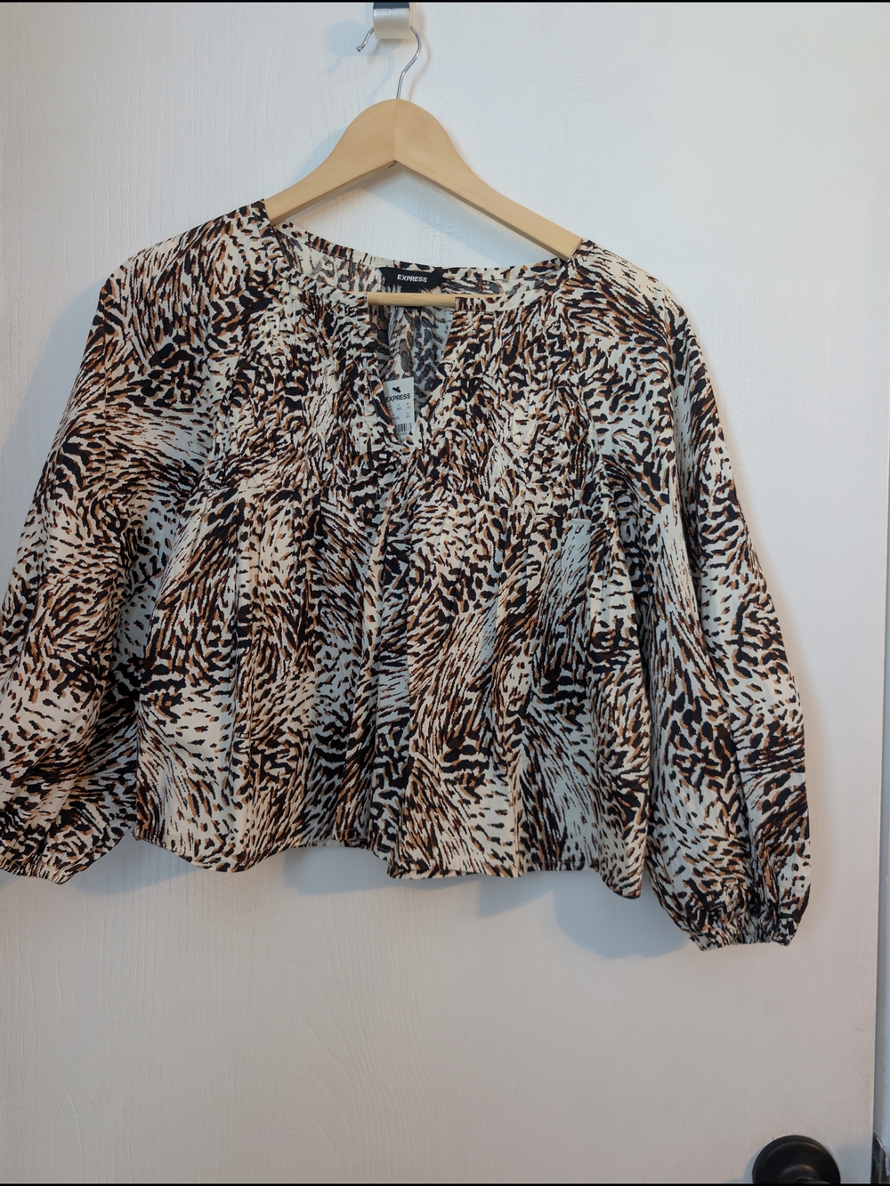 Express Brown and Cream Animal-Print Peasant Top